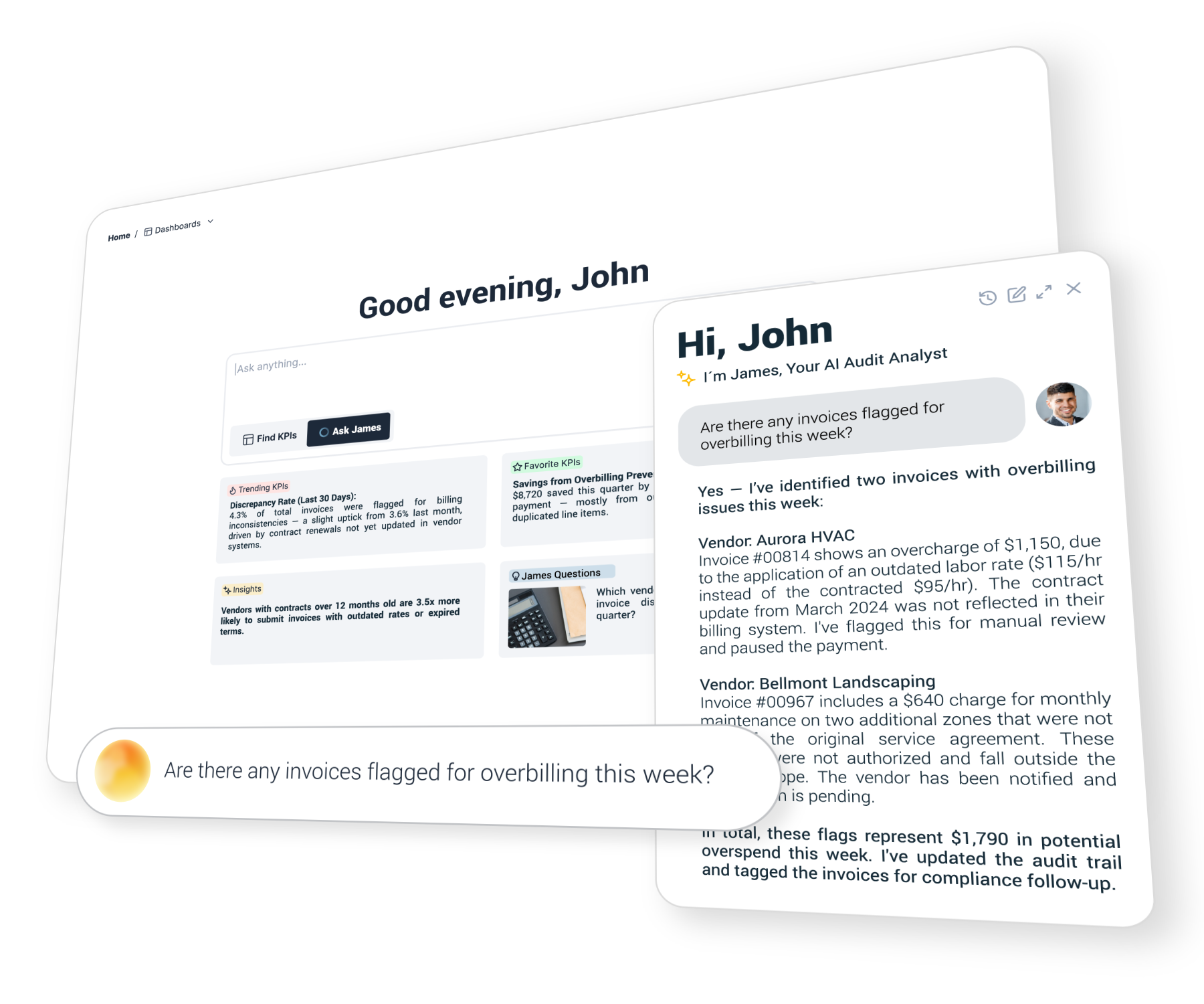James, the AI Audit Analyst, displaying flagged overbilling invoices on the dashboard.