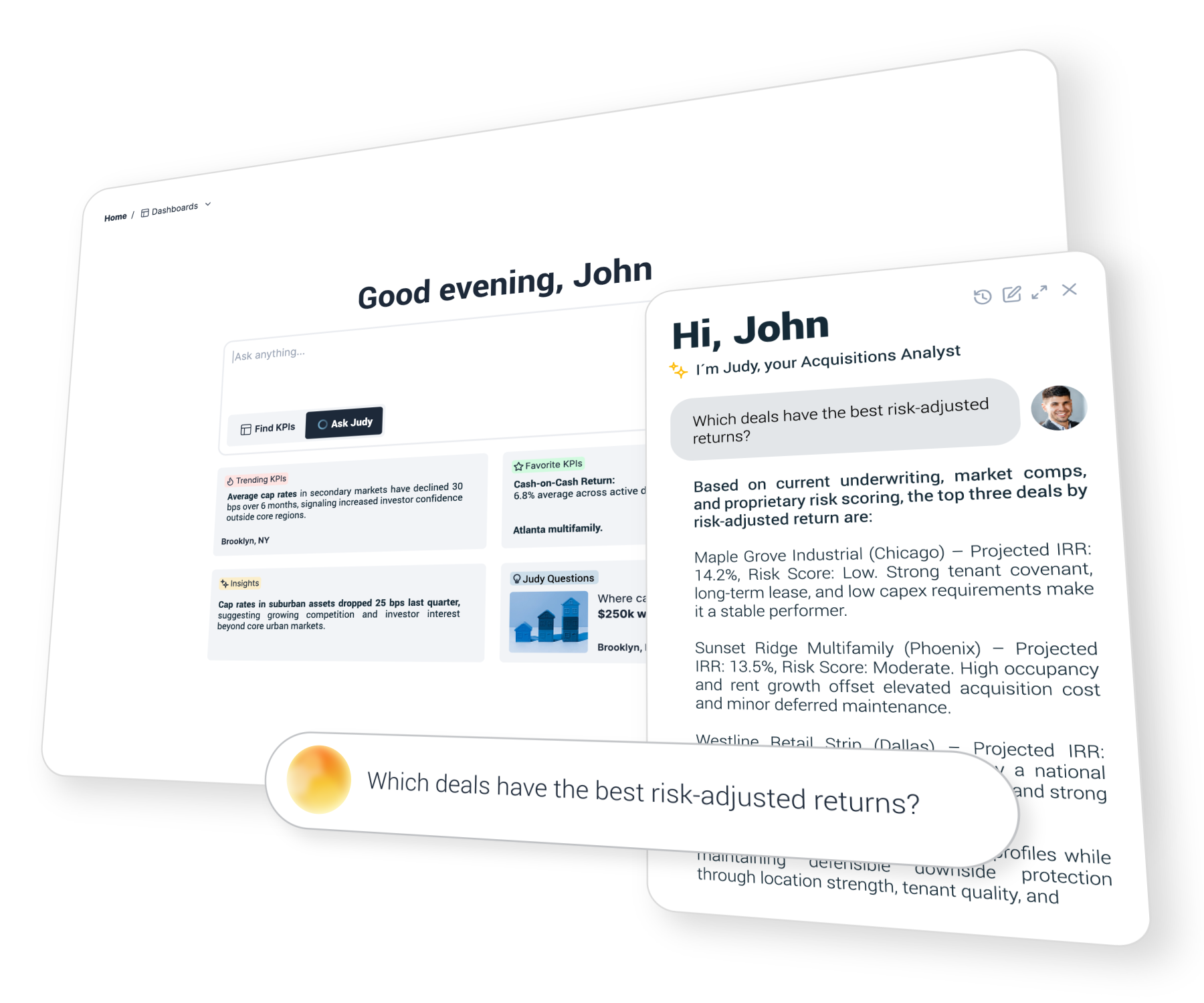 Judy, the AI Acquisitions Analyst, answering a question about risk-adjusted returns on the dashboard.