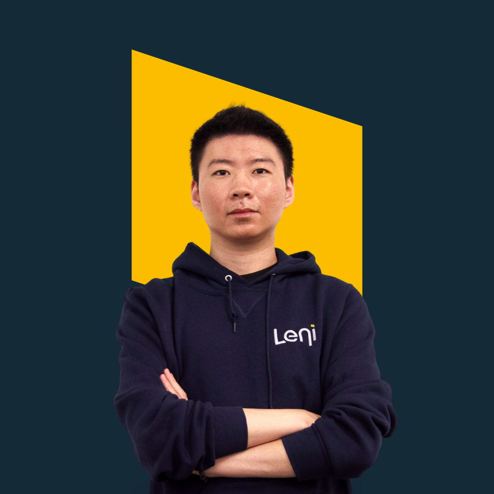 Spencer, Data & Insights Analyst at Leni, in branded hoodie against yellow background.