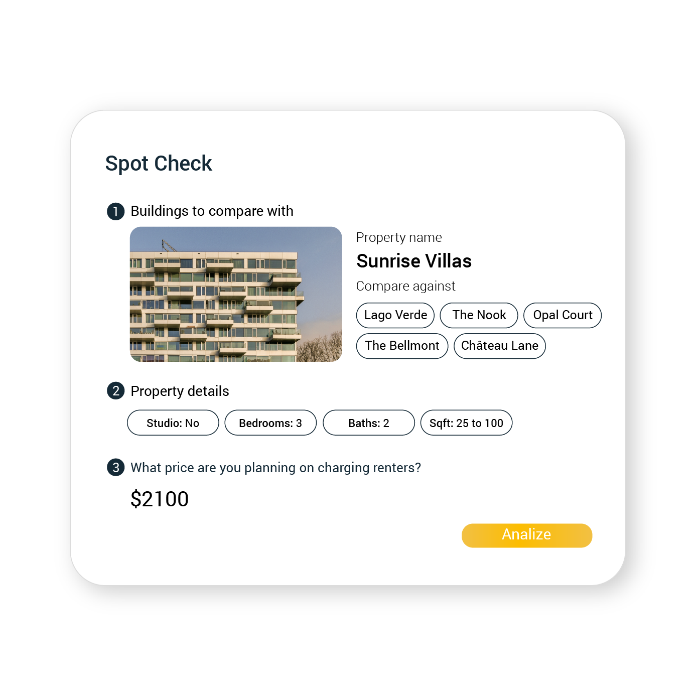 Screenshot of Leni’s Spot Check interface comparing Sunrise Villas against similar properties based on unit count, beds, baths, and square footage to validate pricing.