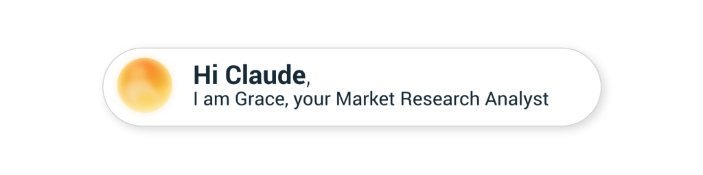 Interface card with a glowing orange orb and the text “Hi Claude, I am Grace, your Market Research Analyst” on a white rounded rectangle.